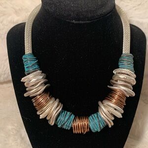 Copper & blue colored Wire, metal & silver mesh necklace